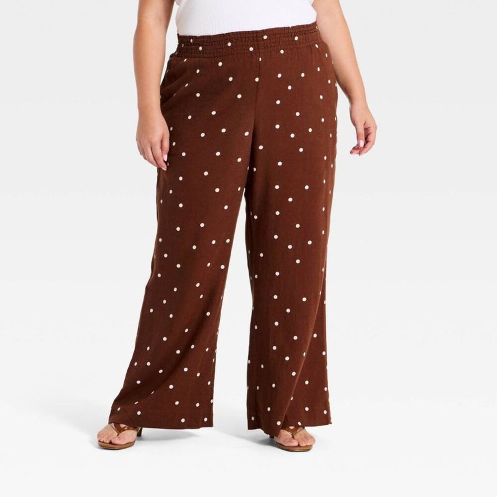Women's High-Rise Linen Wide Leg Pull-On Pants - A New Day Brown Dot 2X